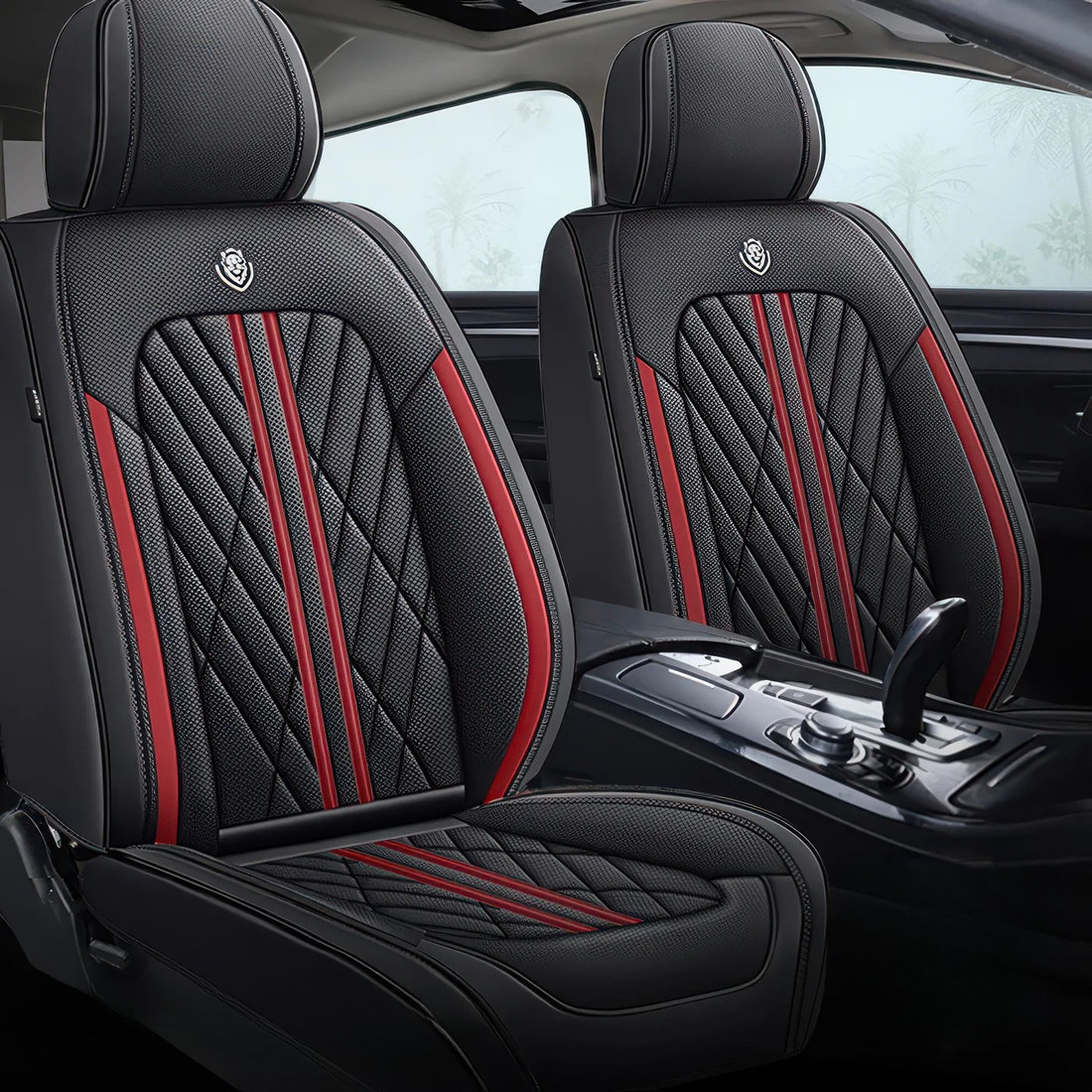 Red & Black car seat covers fitted to the front seats