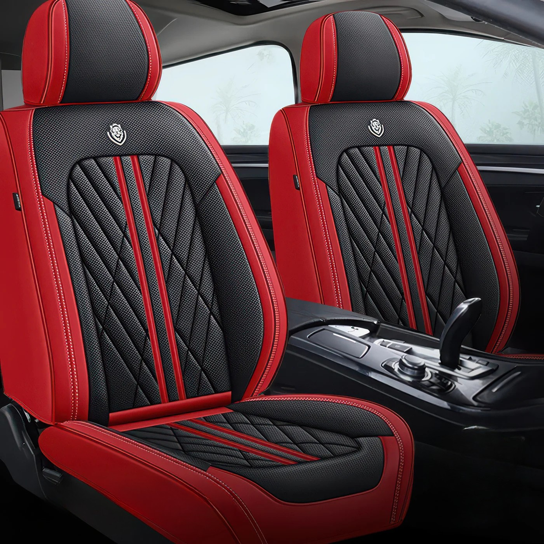 Black & Red car seat covers fitted to the front seats