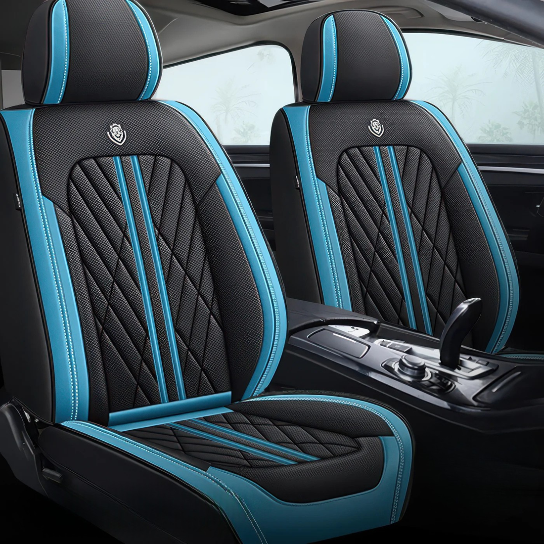 Black & Blue car seat covers fitted to the front seats