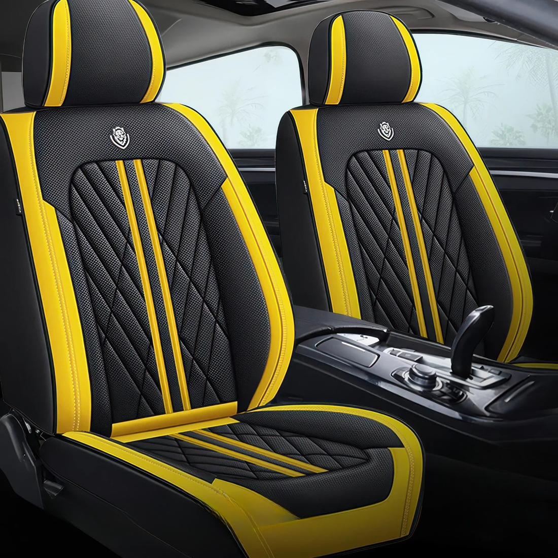 Black & Yellow car seat covers fitted to the front seats