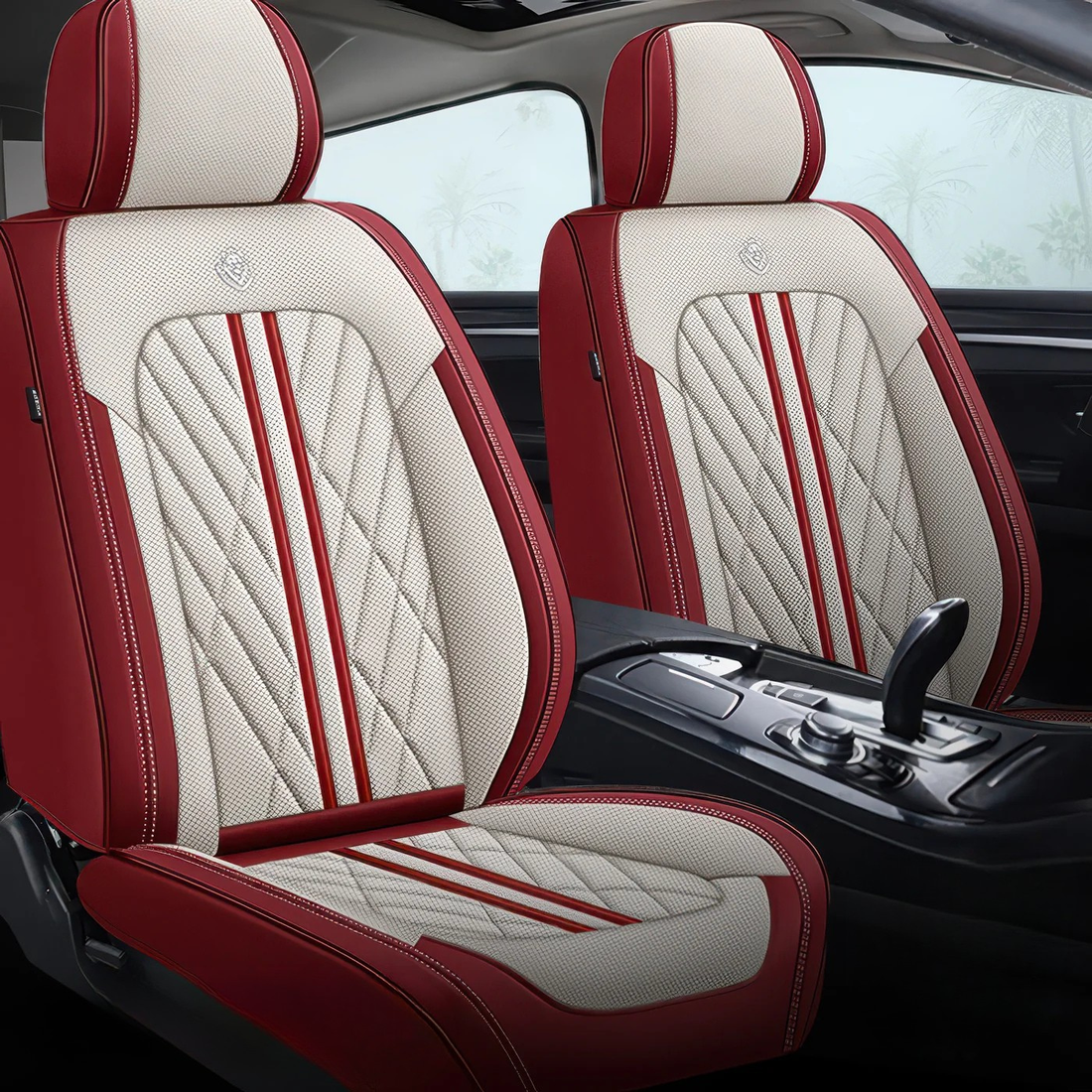 Beige & Red car seat covers fitted to the front seats