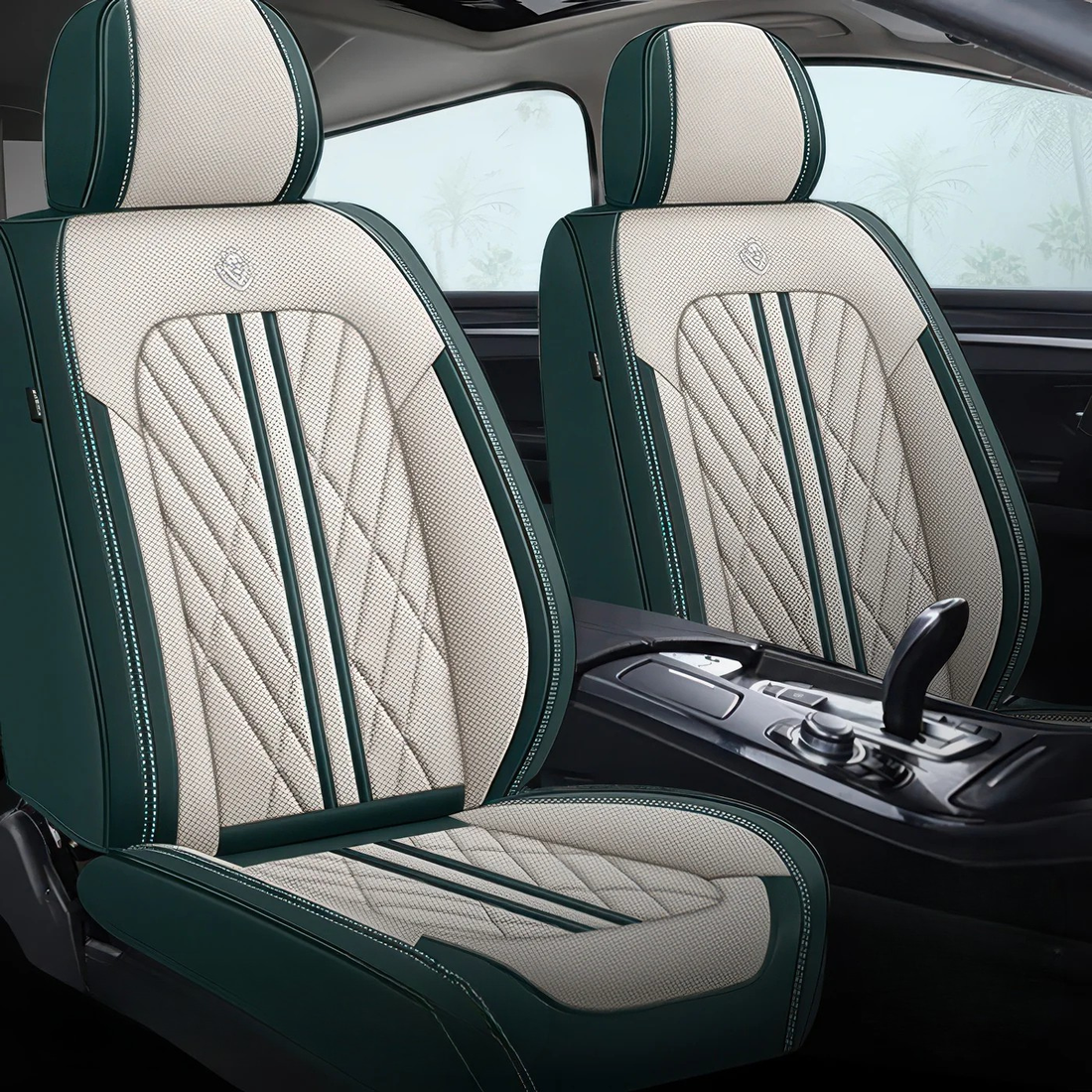Beige & Green car seat covers fitted to the front seats