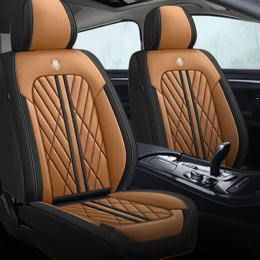 Brown & Black car seat covers fitted to the front seats
